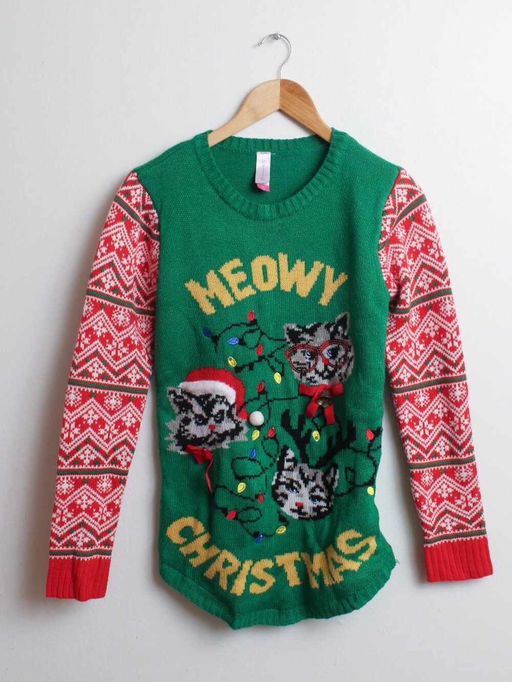 Light-Up Ugly Christmas Sweater Youth M (7-9) Tunic Style Holiday Cat Pullover